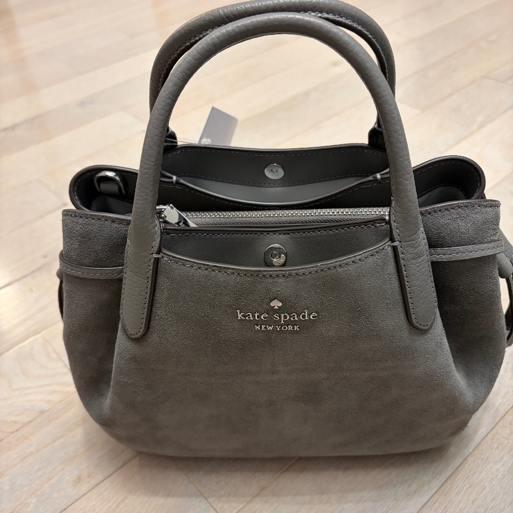 NWT KATE SPADE dumpling suede mixed materials KM141 suede satchel in hare grey